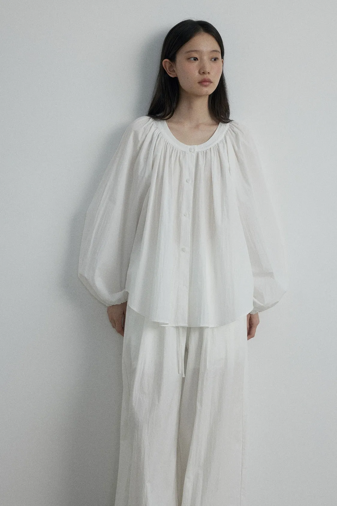 U-Neck Pleated Button-Down Long-Sleeve Shirt | 4 color sold by Polyphonie