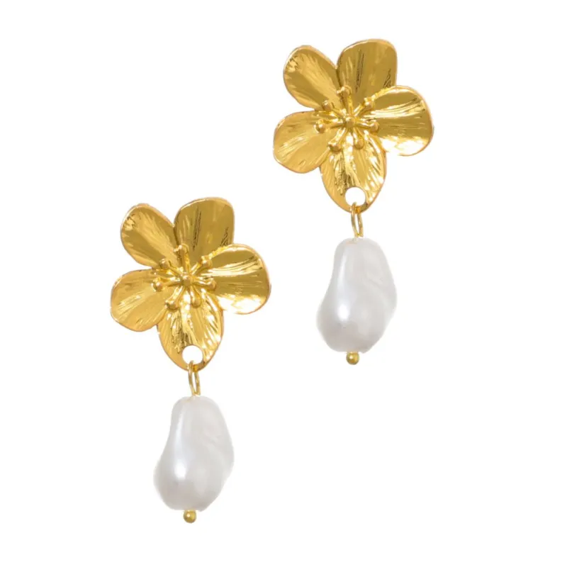 Tarnish Resistant 18k Gold Plated Statement Flower with Pearl Drop Earrings made by Adornia