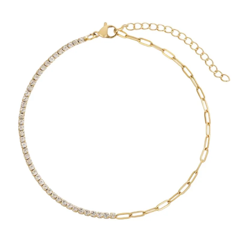 Tarnish Resistant 18k Gold Plated Half Tennis and Paperclip Chain Anklet made by Adornia
