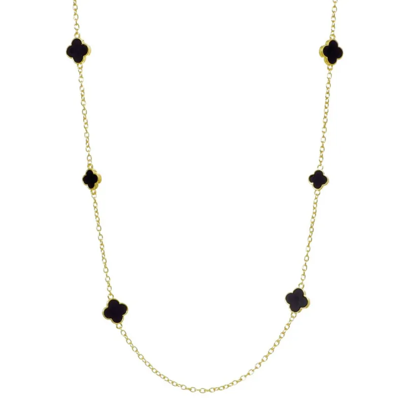Gold Plated 36" Black Flower Station Necklace made by Adornia