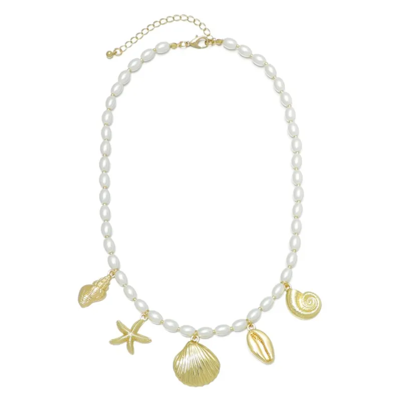 Gold Plated Chunky Pearl and Sea Charms Necklace made by Adornia