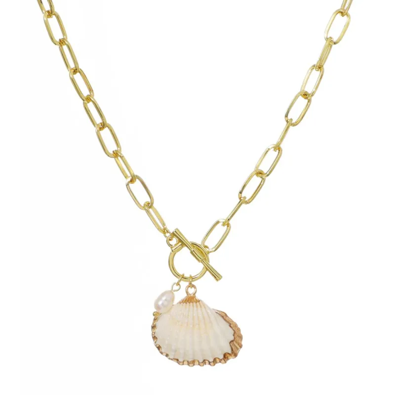 14k Gold Plated Freshwater Pearl Shell Toggle Necklace made by Adornia