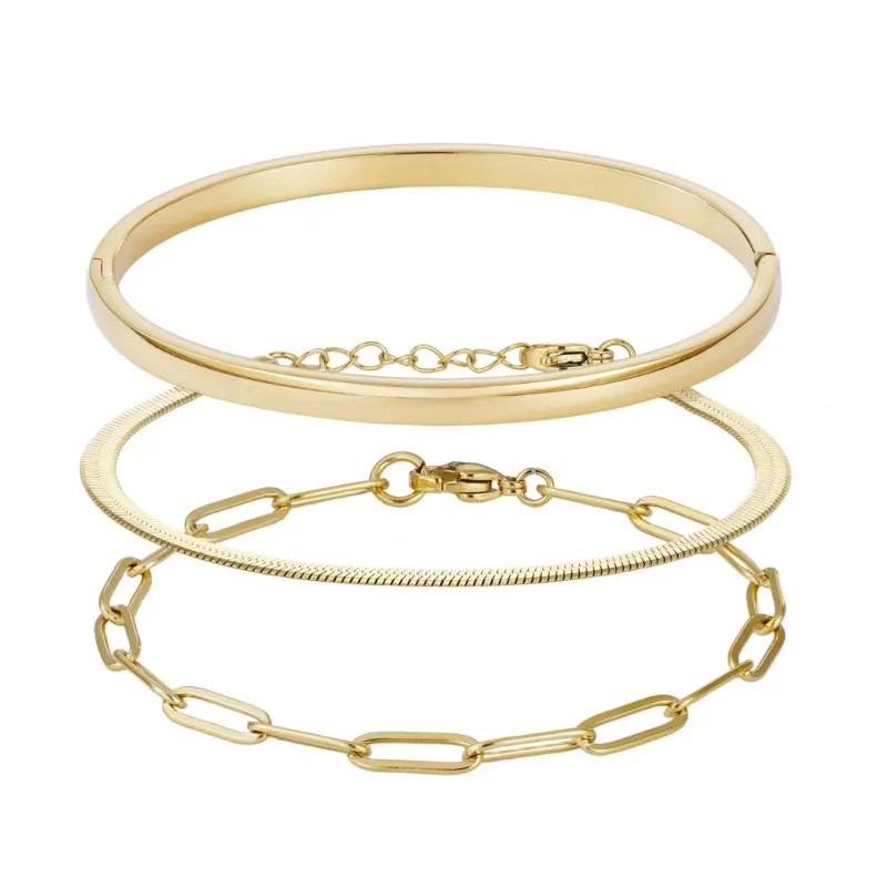Tarnish Resistant 18k Gold Plated Cuff, Paperclip, and Herringbone Chain Bracelet Set made by Adornia