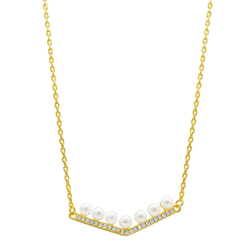 14k Gold Plated Crystal Pearl Bar V-Necklace made by Adornia