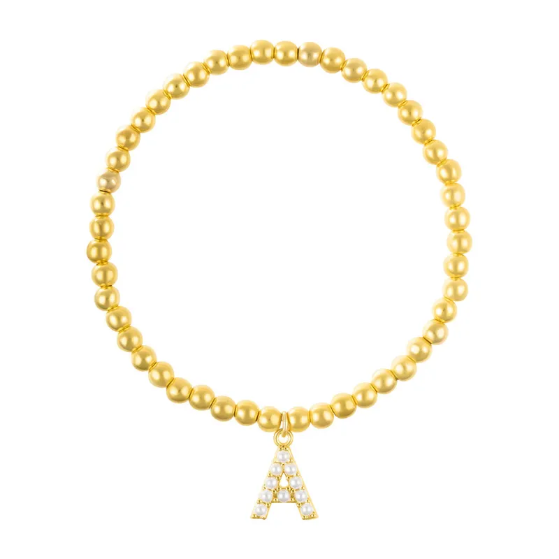 14k Gold Plated Stretch Bead Bracelet with Pearl Letter made by Adornia