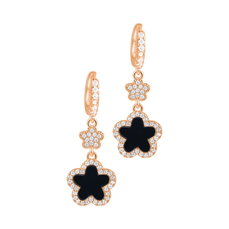 14k Rose Gold Plated Black CZ Clover Earrings made by Adornia