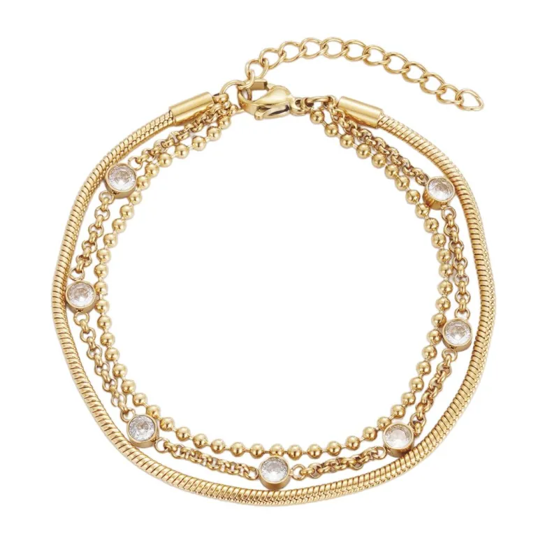 Tarnish Resistant 18k Gold Plated Layered Crystal 3-Chain Bracelet made by Adornia