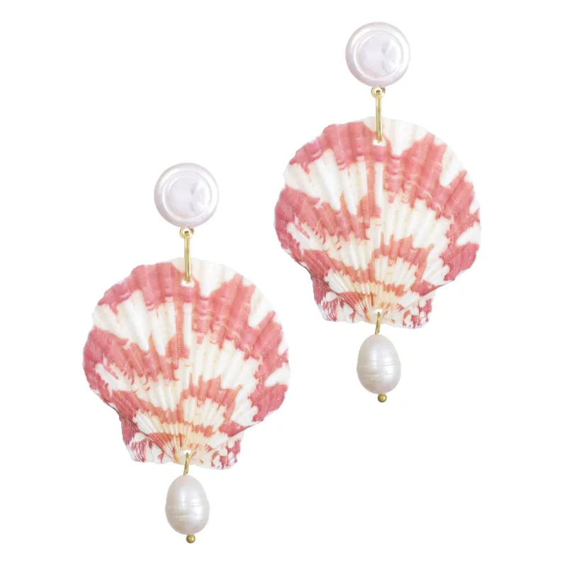 Pink Shell and Shell Pearl 3-Drop Earrings made by Adornia