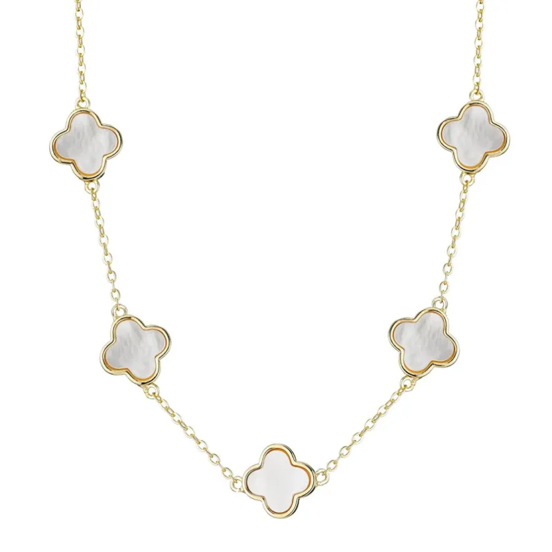 14k Yellow Gold Plated Mother of Pearl Clover Station Necklace made by Adornia