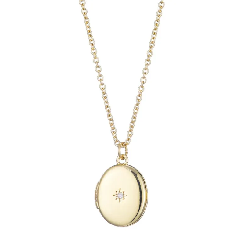 14k Gold Plated Oval Locket with CZ Starburst Necklace made by Adornia