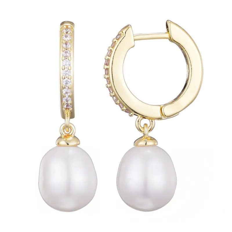 14k Gold Plated CZ Huggie Hoop Earrings with Freshwater Pearl Drop made by Adornia