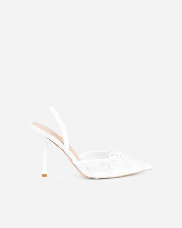 Bebee White Lace Bow Heeled Sandals sold by Simmi London