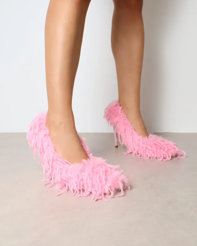 Charlee Pink Faux Feathered Court Shoes sold by Simmi London