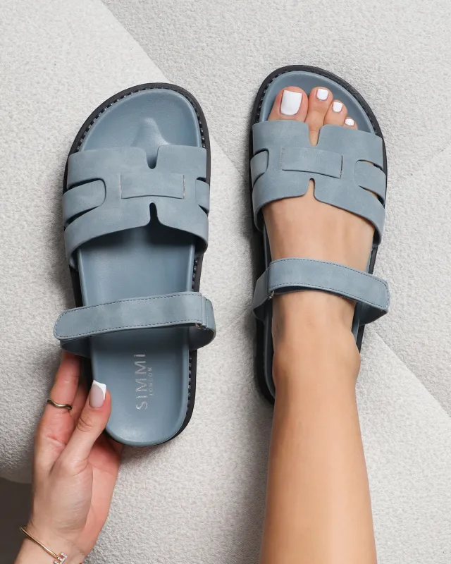 Adelle Blue Nubuck Chunky Footbed Slides sold by Simmi London
