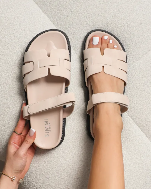 Adelle Beige Nubuck Chunky Footbed Slides sold by Simmi London