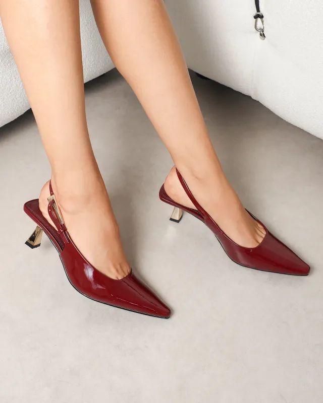 June Burgundy Patent Low Sling Back Court Shoes sold by Simmi London