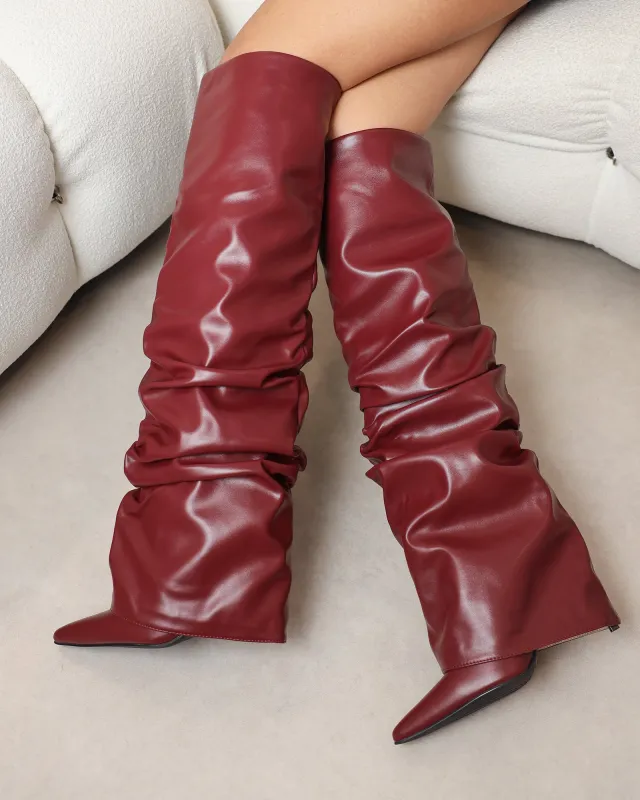 Lukas Burgundy Ruched Fold Over Knee High Boots sold by Simmi London