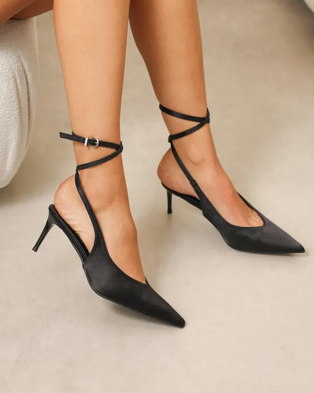 Sonika Black Satin Strappy Slingback Court Shoes sold by Simmi London