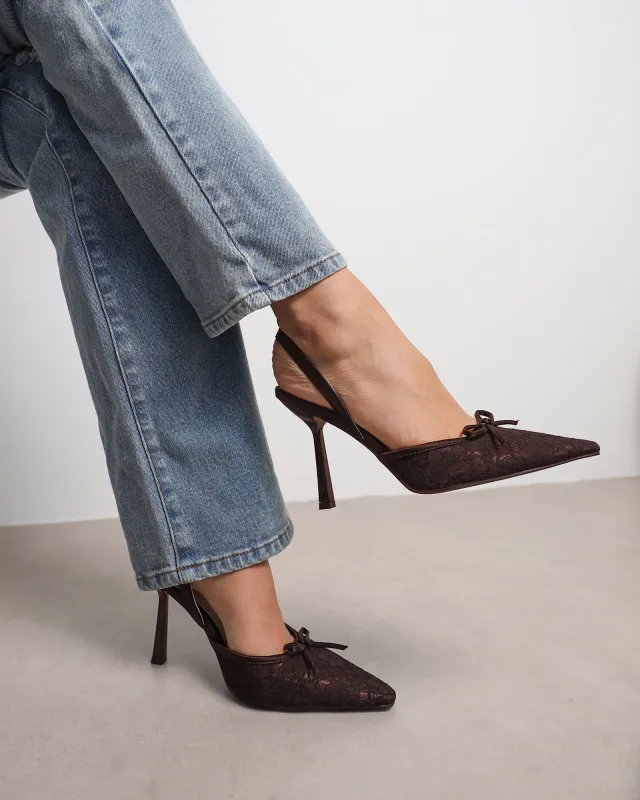 Bebee Brown Lace Bow Heeled Sandals sold by Simmi London