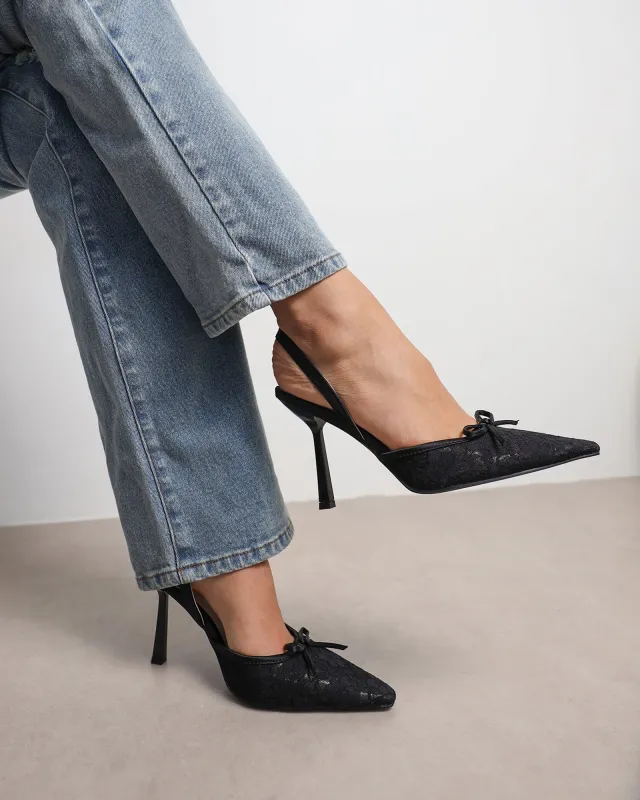 Bebee Black Lace Bow Heeled Sandals sold by Simmi London