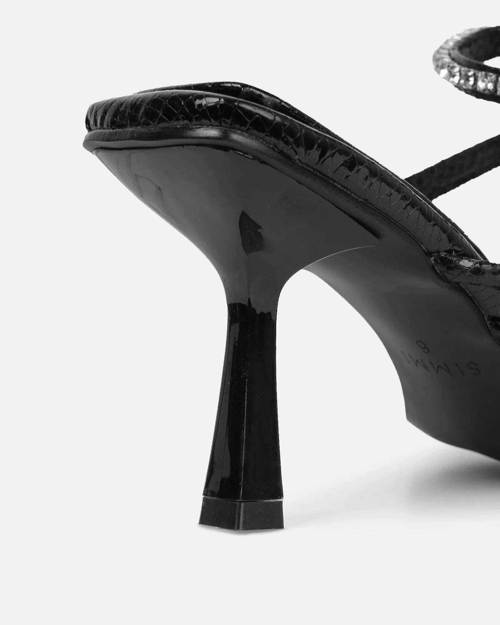 Freesia Black Faux Snake Print Toe Post Ankle Coil Mid Heels sold by Simmi London product image thumbnail 3