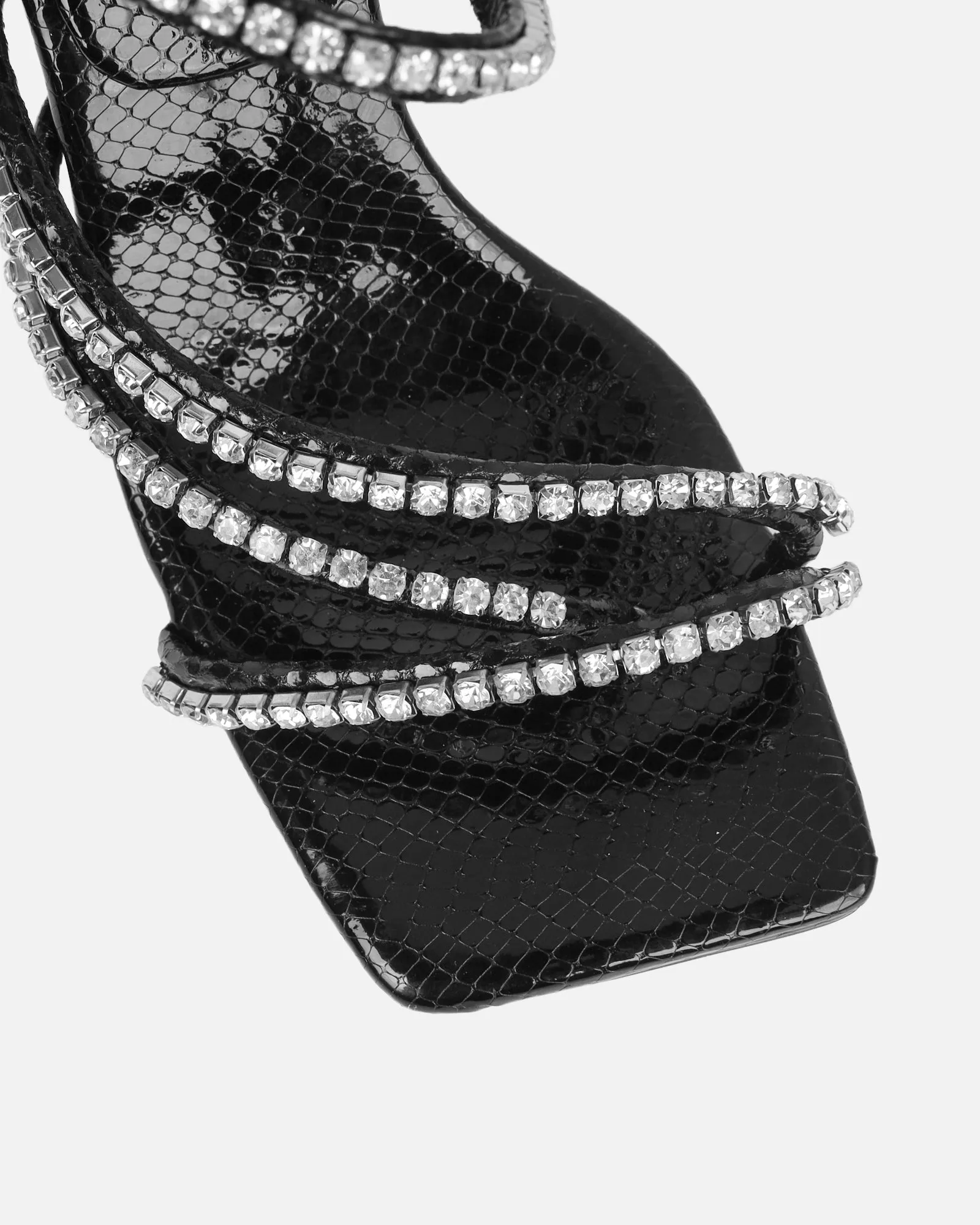 Freesia Black Faux Snake Print Toe Post Ankle Coil Mid Heels sold by Simmi London product image thumbnail 4