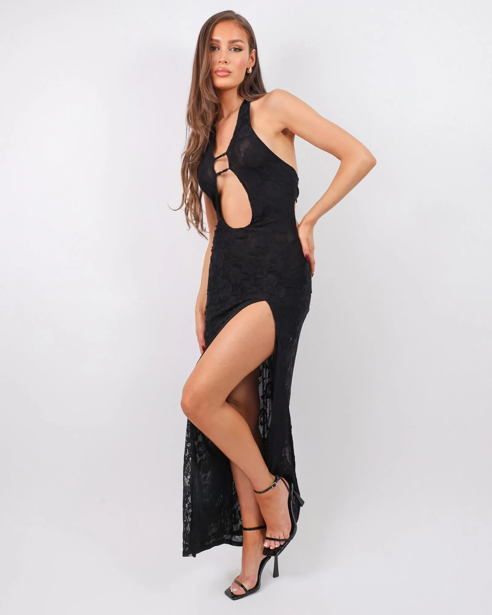 Noir Black Lace Thigh Split Maxi Dress sold by Simmi London