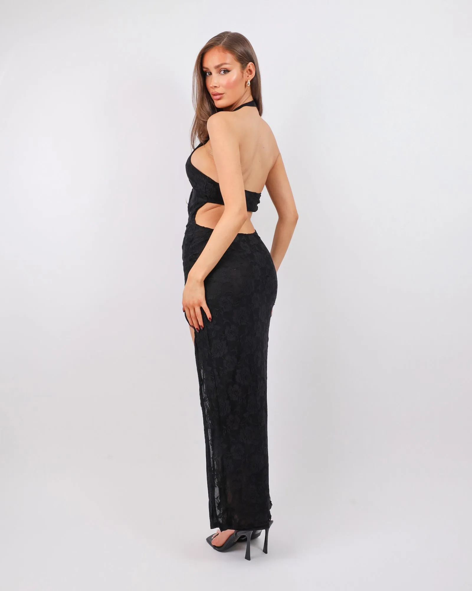 Noir Black Lace Thigh Split Maxi Dress sold by Simmi London product image thumbnail 4