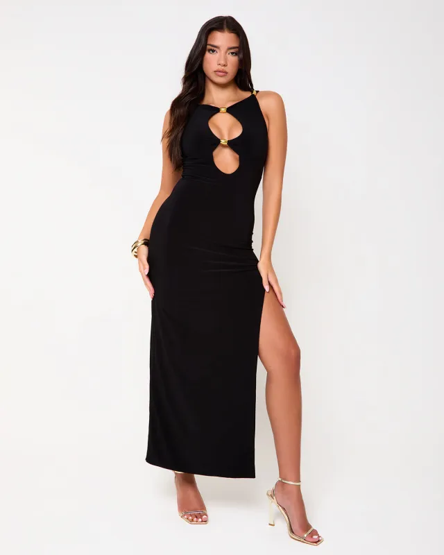 Downtown Black Cut Out Split Leg Maxi Dress sold by Simmi London