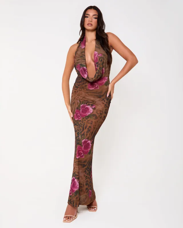 Queens Print Extreme Cowl Neck Maxi Dress sold by Simmi London