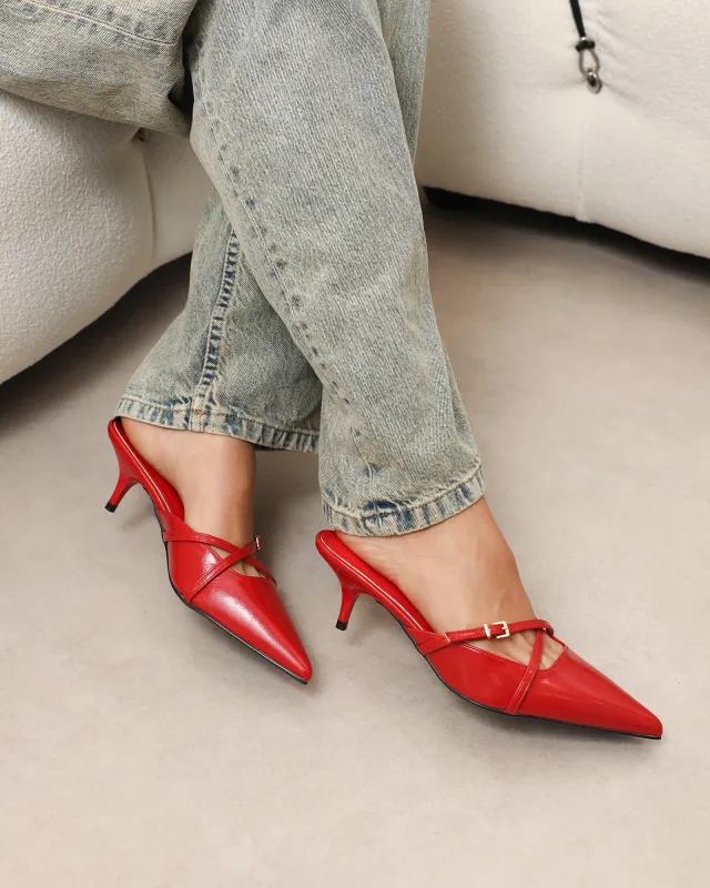 Char red low heel buckle mules sold by Simmi London