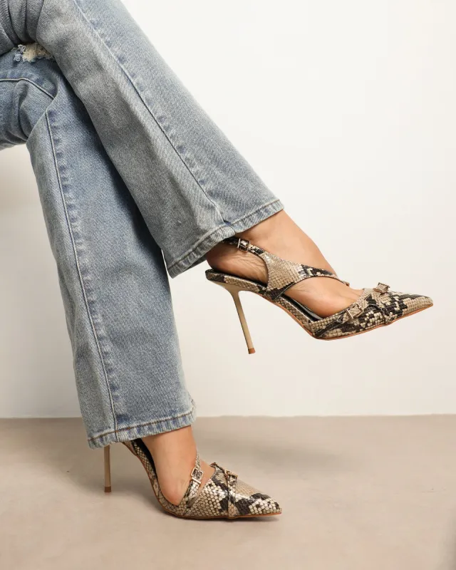 Vale beige snake harness detail court shoes made by Simmi London