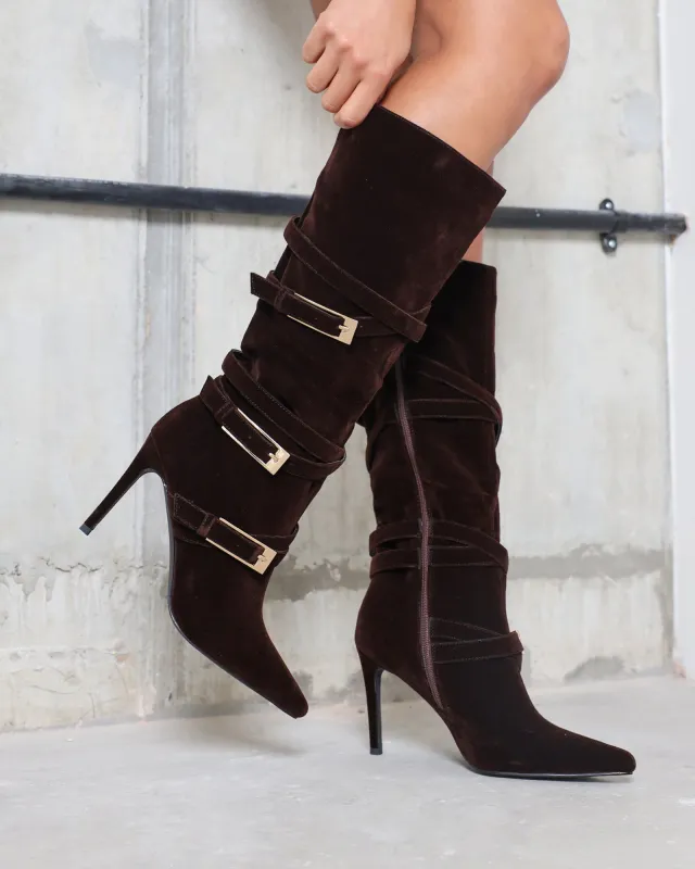 Kingston Chocolate Brown Suede Buckle Knee Boots sold by Simmi London