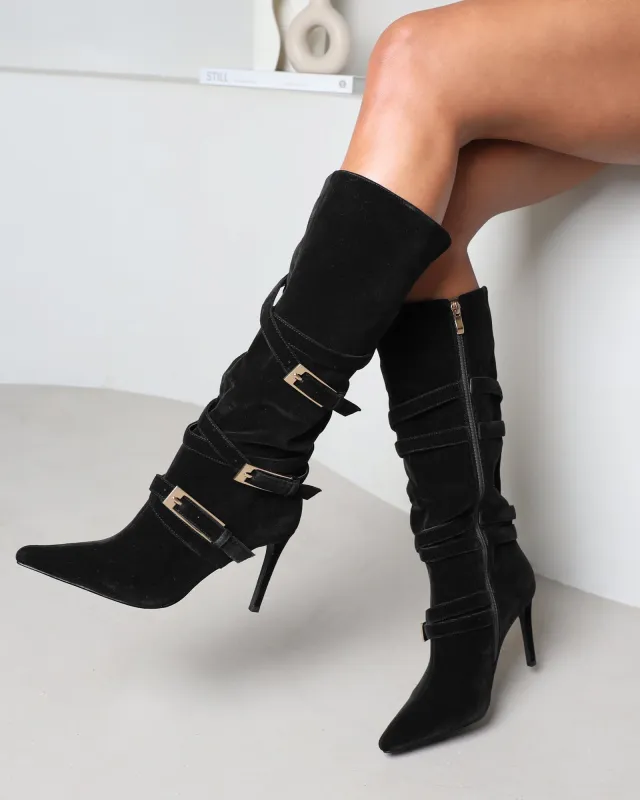 Kingston Black Suede Buckle Knee Boots sold by Simmi London