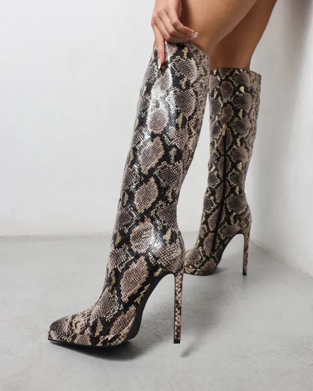 Bentoni Beige Snake Effect Knee Boots sold by Simmi London
