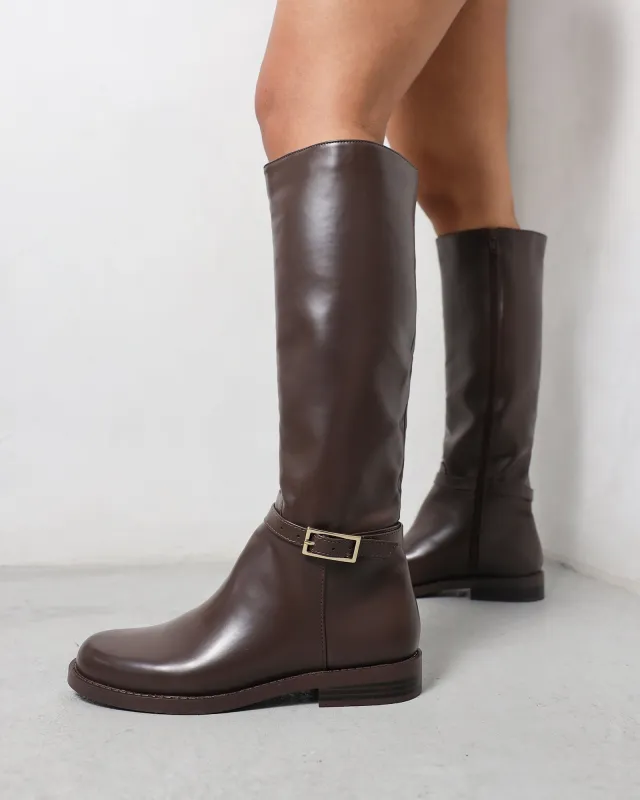 Oakleigh Chocolate Brown Box Smart Knee Boots sold by Simmi London