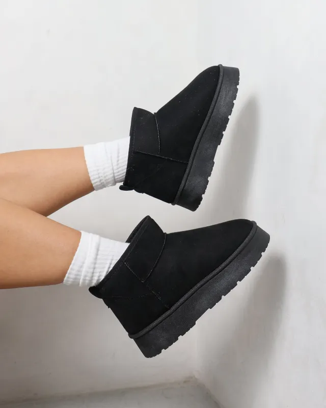 Cori Black Faux Suede Flatform Boots sold by Simmi London