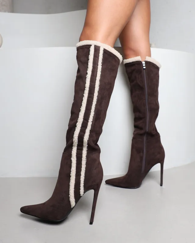 Anders Chocolate Suede Borg Trimmed Knee Boots sold by Simmi London