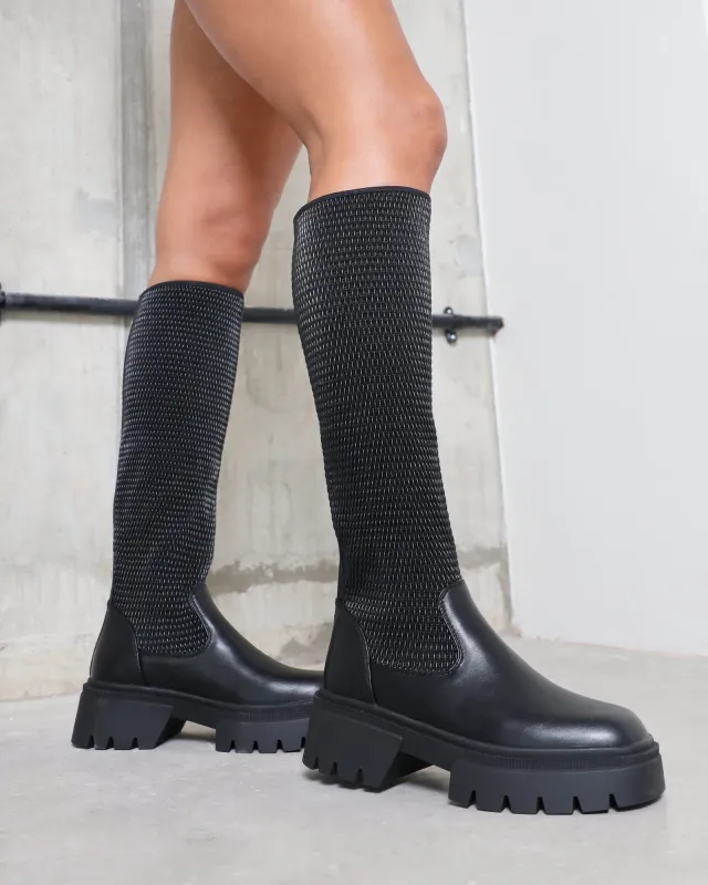 Fidel Black Textured Chunky Knee Boots sold by Simmi London