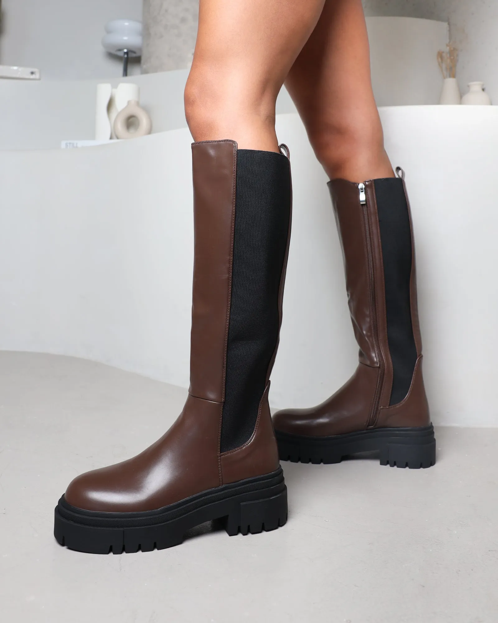 Bernard Brown Chunky Knee Boots sold by Simmi London