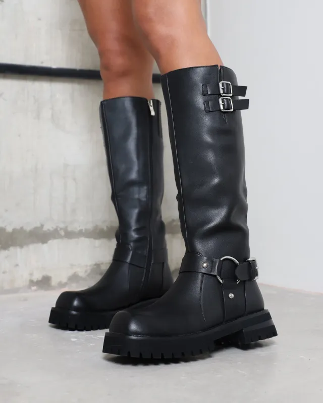 Benton Black Knee High Chunky Biker Boots sold by Simmi London