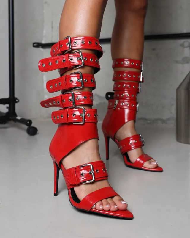 Goldie Red Cut Out Buckle detail Heeled Sandals sold by Simmi London