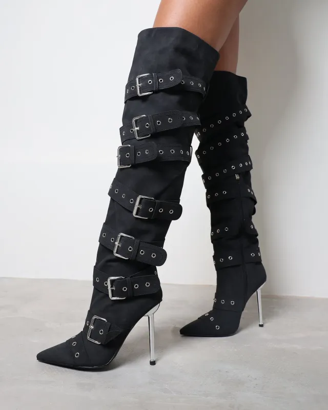 Maxton Black Nubuck Multi Buckle Thigh High Boots sold by Simmi London
