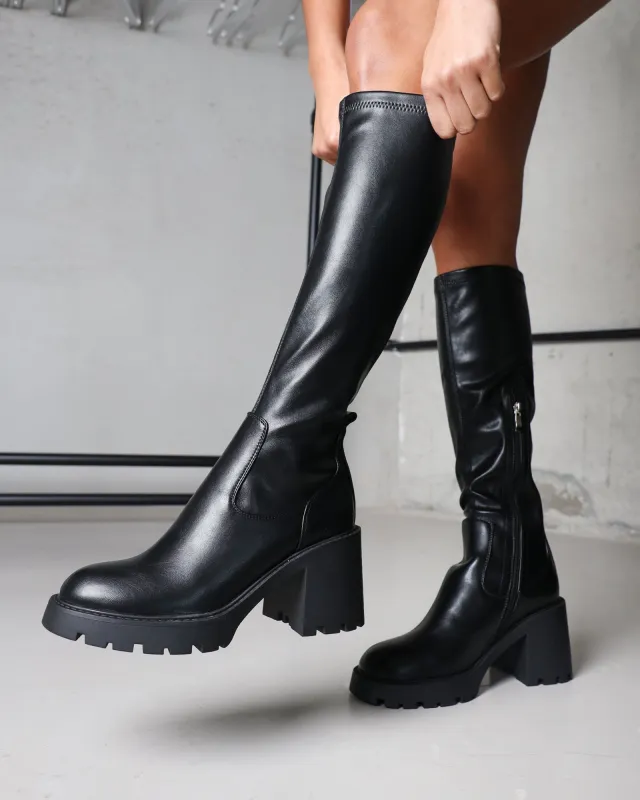 Bryce Black Stretch Knee High Chunky Boots sold by Simmi London