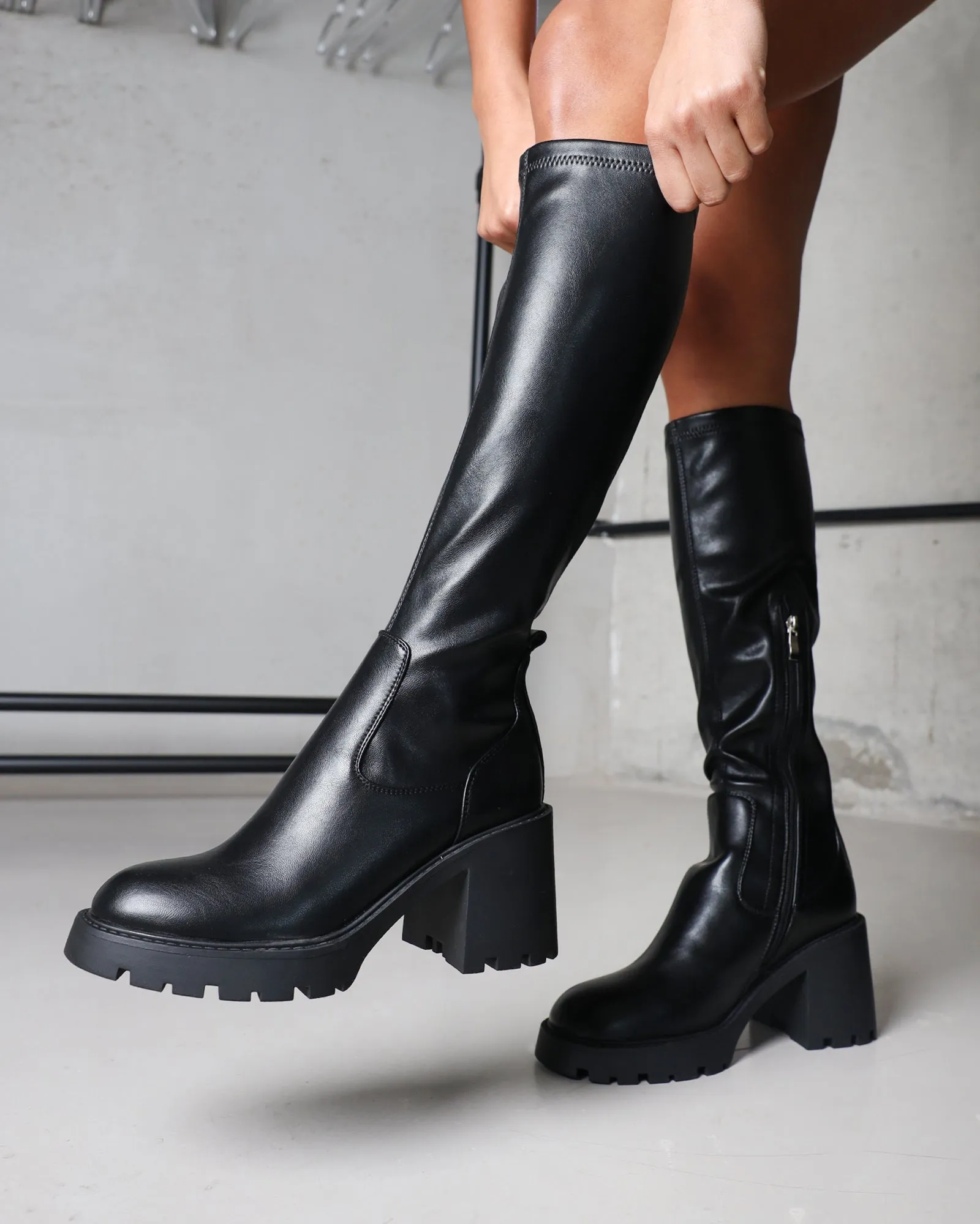 Bryce Black Stretch Knee High Chunky Boots sold by Simmi London