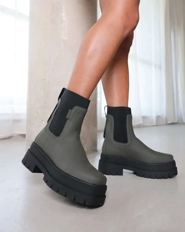 Ansel Khaki Rubberized Contrast Chunky Chelsea Boots sold by Simmi London
