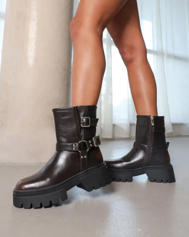 Alpesh Brown Burnished Chunky Biker Boots sold by Simmi London
