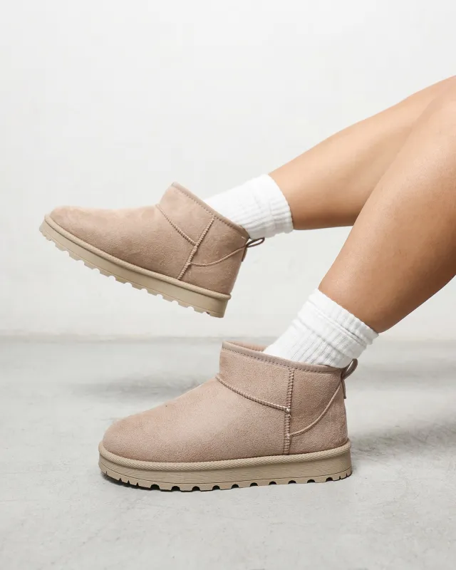 Cari Beige Faux Suede Ultra Low Boots sold by Simmi London