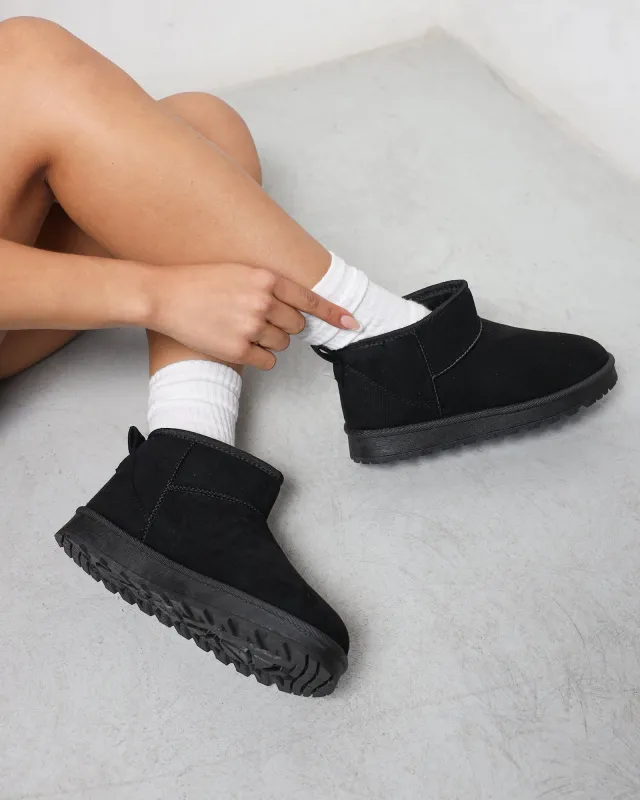 Cari Black Faux Suede Ultra Low Boots sold by Simmi London