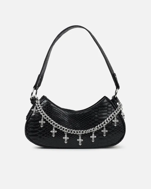 Carmine Black Snake Effect Diamante Cross Chain Shoulder Bag sold by Simmi London